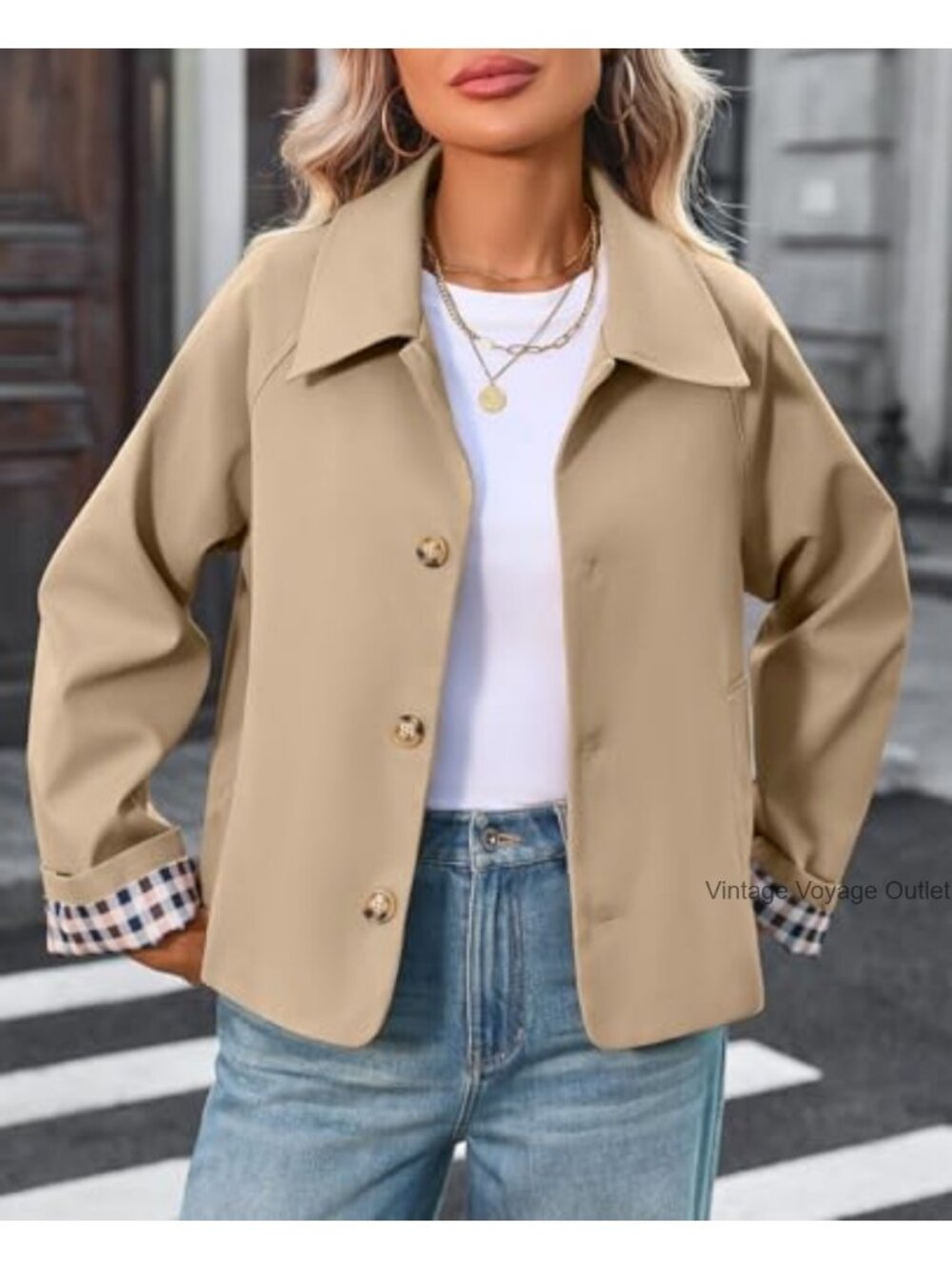 Cropped Trench Coat Lightweight Spring Jacket Single Breasted Oversize - Picture 2 of 6